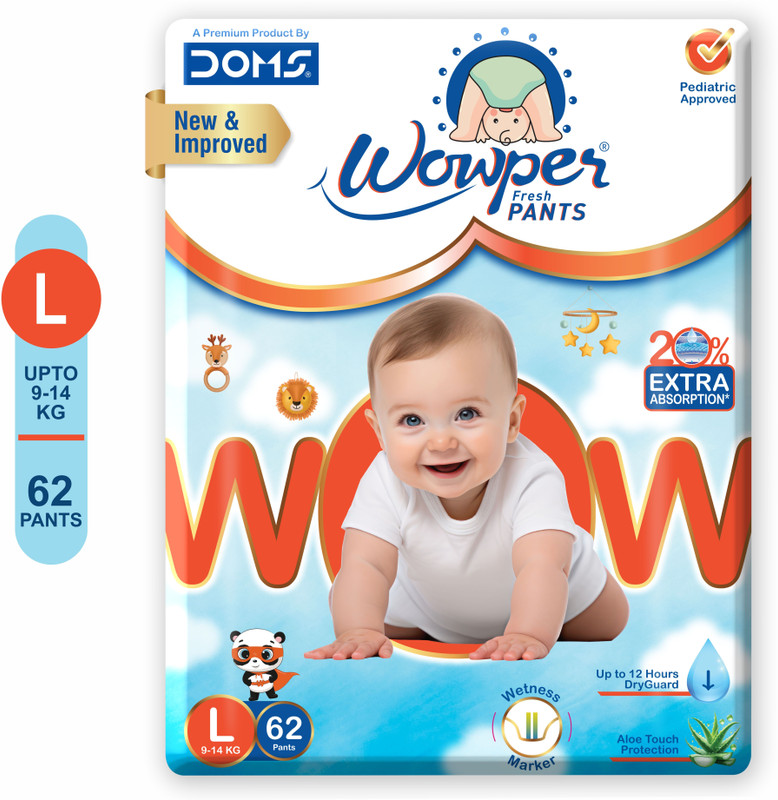 Wowper Fresh Baby Diaper Pants|Wetness Indicator| Upto 12Hrs Absorb | 9-14 Kg – L(62 Pieces)