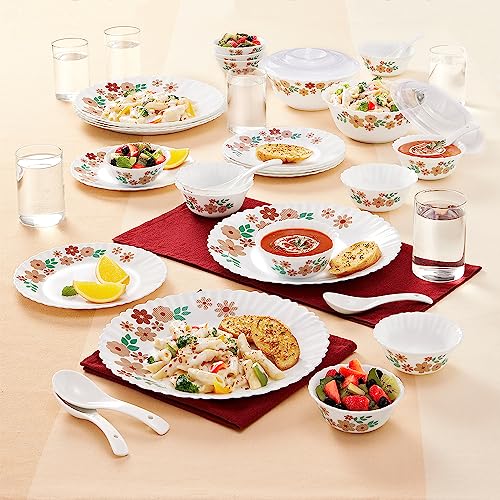 Larah By Borosil Ayana Silk Series Opalware Dinner Set with Glasses, 40 Pieces for Family of 6, Microwave & Dishwasher Safe, Bone-Ash Free, Crockery Set for Dining & Gifting, Plates & Bowls, White
