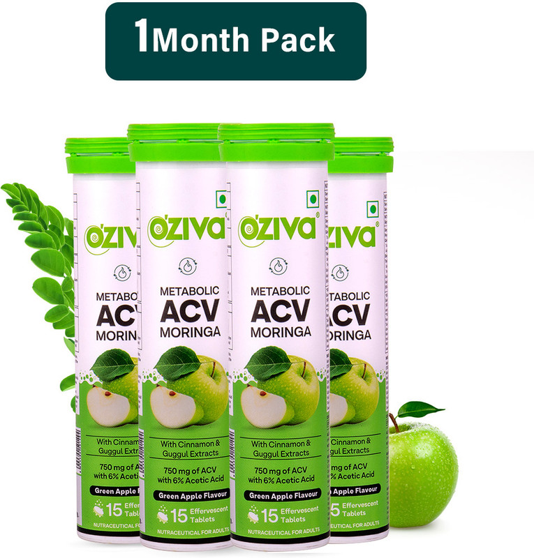 OZiva ACV Moringa (Green Apple)To Control Cravings, Apple Cider Vinegar,No Added Sugar(4 x 15 Tablets)