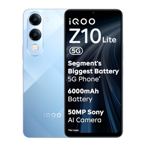 iQOO Z10 Lite 5G (Titanium Blue, 4GB RAM, 128GB Storage) | 6000 mAh Battery | Dimensity 6300 5G Processor with 433K+* AnTuTu Score | IP64 Rated & Military Grade Shock-Resistance*