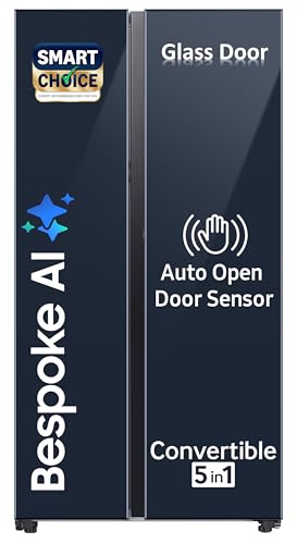 Samsung Smart Choice 653 L, 3 Star, Bespoke AI, Glass Door, Frost Free, Double Door, Convertible 5-in-1 Digital Inverter, Side By Side Refrigerator with Auto Open Door (RS76CB81A341HL, Clean Navy)