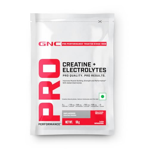 GNC Creatine+ Electrolytes | 3g Creatine Monohydrate + Sodium, Potassium, Calcium, Magnesium | Boosts Muscle Growth, Hydration, Energy & Recovery | Zero Sugar | 100% Veg | 50g | Unflavoured