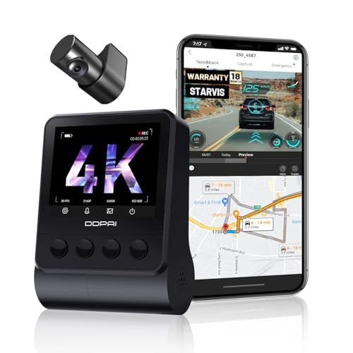 DDPAI 4K Dash Cam for Car Front and Rear, STARVIS IMX415 Sensor, ADAS, Built-in GPS Route Recorder, Night Vision, Dual Channel 8MP UHD Dash Camera + 3MP FHD, 2.3″ LCD, App, Wi-Fi