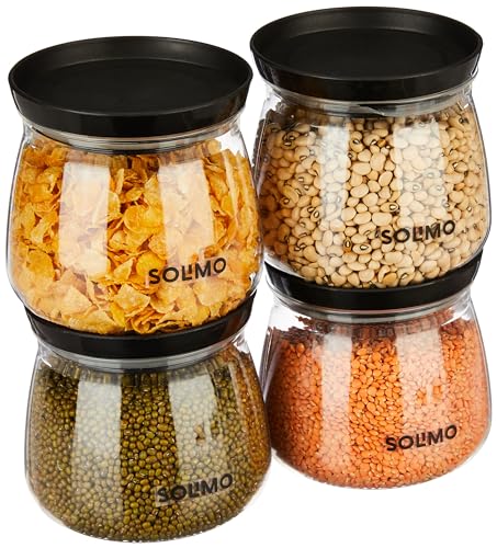 Amazon Brand – Solimo Airtight Plastic Storage Jar and Container Set-I | BPA Free | Multipurpose Storage | 450ml Each, Set of 8 (Black)