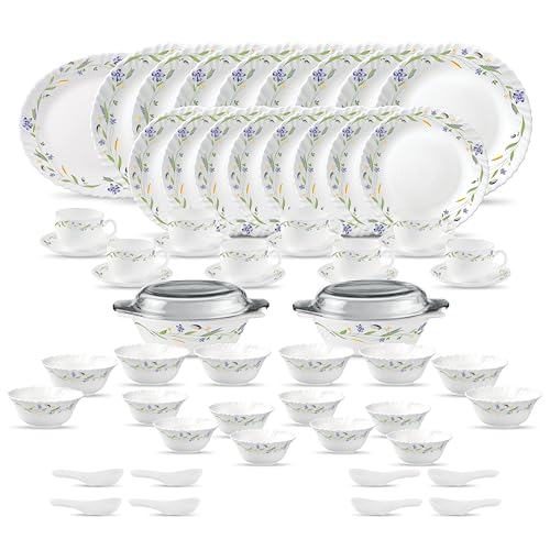 La Opala Diva Classique Collection Opal Glass Crockery | for Family of 6 | Dinner Set 33 pcs Royal Iris | Plates & Bowls for Dining | Microwave Safe | 100% Vegetarian | Extra Strong | White