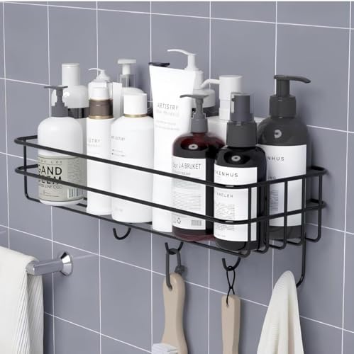 RERANT Self-Adhesive Bathroom Shelf with Hooks – Space-Saving Wall Mounted Shelf for Bathroom Essentials – Durable, No-Drill Required – Sleek Design. (Pack of 1)