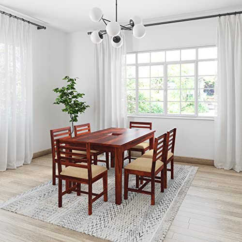 Amazon Brand – Solimo Turlock Modern 6 Seater Dining Set with 6 Cushioned Chairs (Solid Sheesham Wood, Honey Finish)