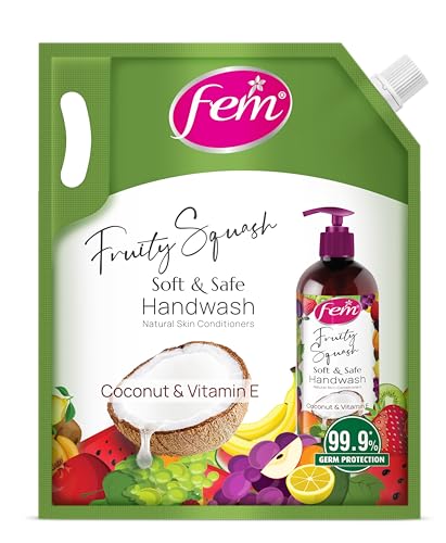 Fem Fruity Squash Soft & Safe Handwash – 1500ml | Enriched with Goodness of Coconut Milk & Vitamin E | Long Lasting Fragrance
