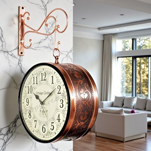 Vintage Clock Iron Handcrafted Double Side Analog Clock With English Numbers 1 Year Warranty (6 Inches Size, Rose Gold Finish, Floral Design, Vc-65471)
