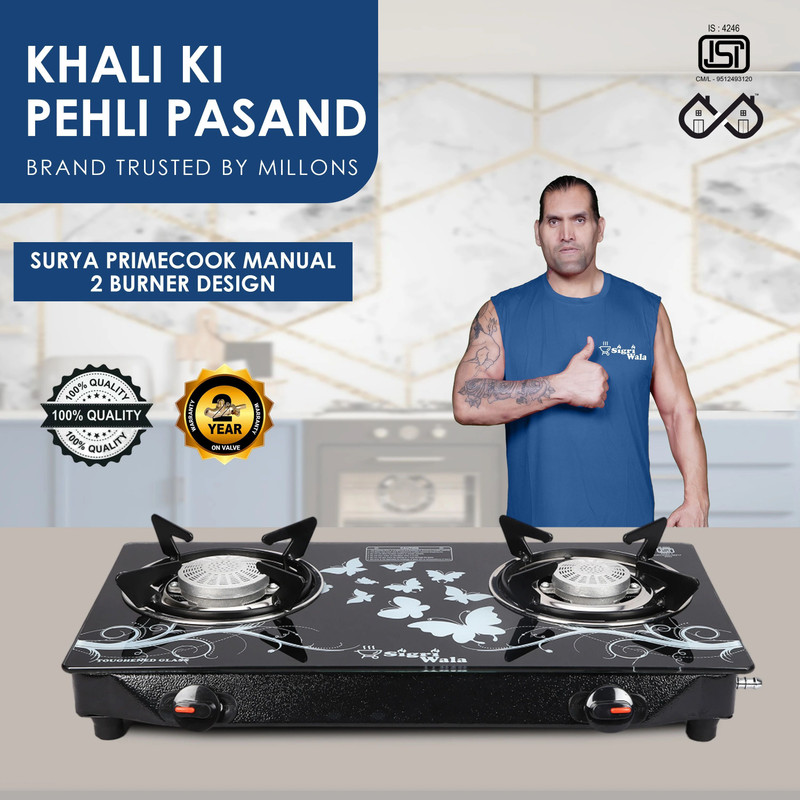 Sigri-wala Primecook Manual Cute Design Toughened Glass Gas Stove Stainless Steel Manual Gas Stove(2 Burners)