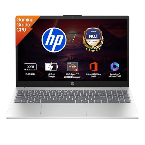 HP 15, AMD Ryzen 7 7735HS (16GB DDR5,512GB SSD) FHD, Anti-Glare, Micro-Edge, 15.6”/39.6cm, Win11, M365 Basic(1yr)* Office24, Silver, 1.59kg, fc1038AU, AMD Radeon FHD Camera w/Shutter, Backlit Laptop