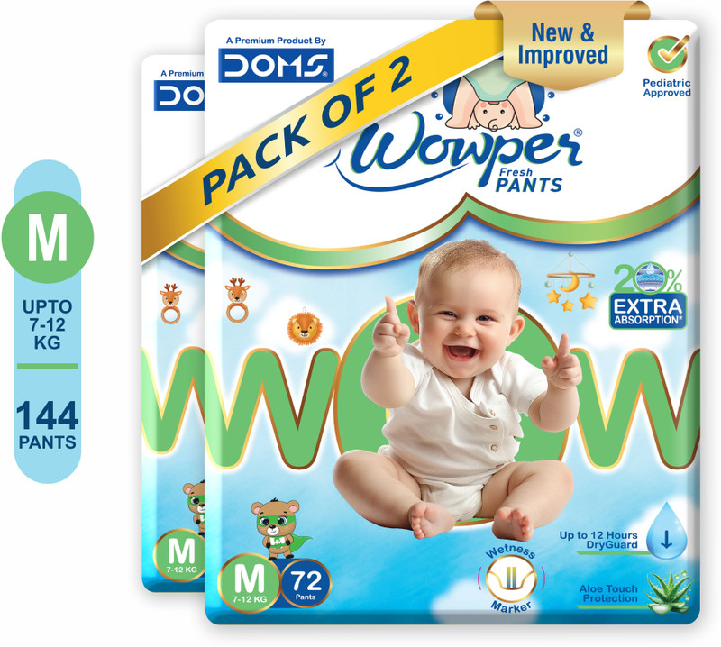Wowper Baby Diaper Pants | up to 12 hrs Absorption | 7-12 Kg | Super Soft Diapers – M(144 Pieces)