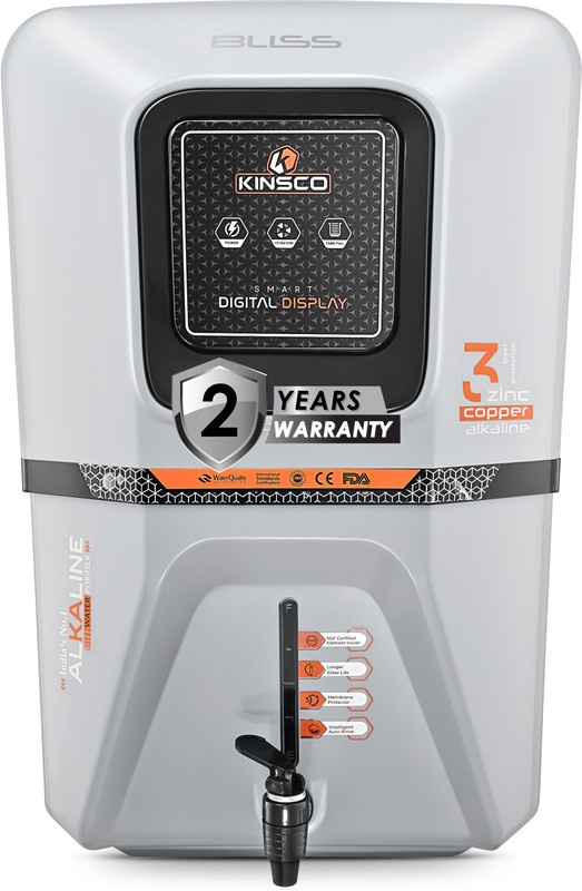 Kinsco Aqua Bliss Gray | Needs No service for 2 years | 10 Stage Filteration| 15 L RO + UF + UV + Copper + Alkaline + Mineralizer Water Purifier(Grey)