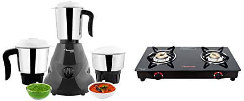 Butterfly Combo of Smart Glass 2 Burner Gas Stove, Manual Ignition, Black and Hero Grey Mixer Grinder with 3 Jars, 500W