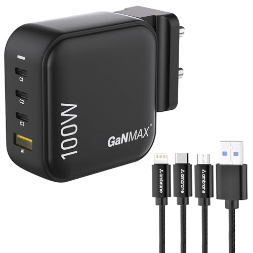 Ambrane 100W Charger Adapter, 4 Ports – 3 Type C & 1 USB for iPhone & Android, MacBook & Type C Laptop, (RAAP H100, Black) & Ambrane 3 in 1 Mobile Charing Cable