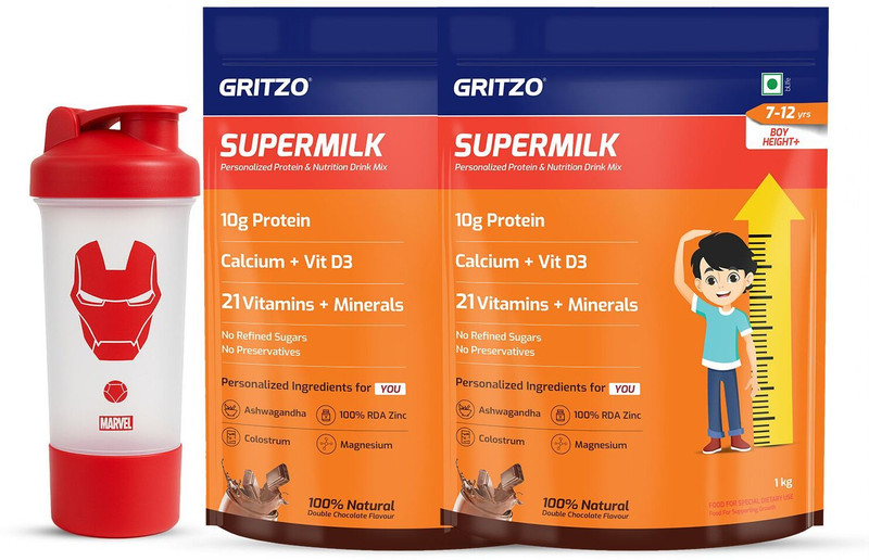 Gritzo SuperMilk Height+ (7-12y Boys), 10g Protein (Double Chocolate)(2 x 800 g)