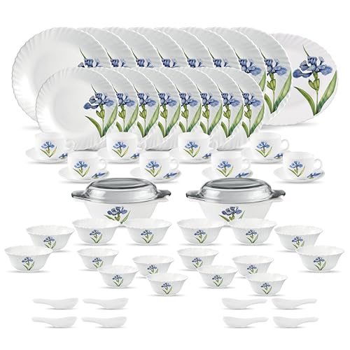 La Opala Diva Classique Collection Opal Glass Crockery | for Family of 8 | Dinner Set 61 pcs Royal Iris | Plates & Bowls for Dining | Microwave Safe | 100% Vegetarian | Extra Strong | White