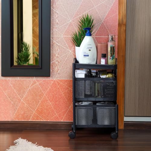 CELLO Kitchen Pro Trolley with Wheels | Storage Organizer & Kitchen Accessories Items for Kitchen Storage Rack Square Design Fruits & Vegetable Onion Cutlery | Multi-Purpose Trolley | (Black,Layer 2)