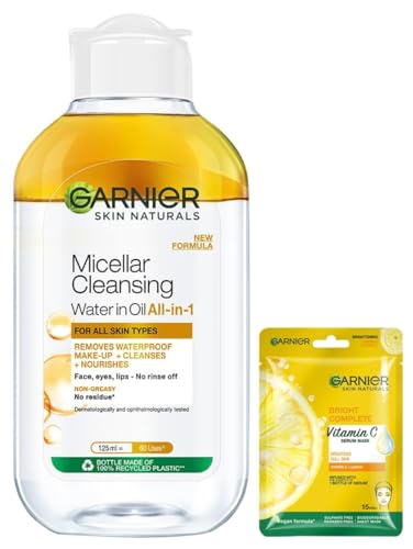 Garnier Skin Naturals, Cleansing Water for Waterproof Makeup, Nourishing Formula, Micellar Oil-Infused Cleansing Water, 125ml