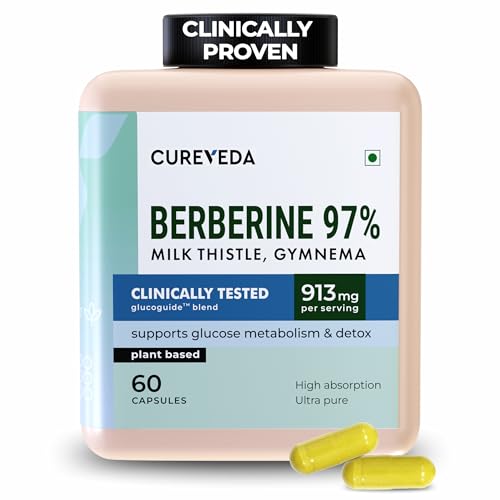 Cureveda Berberine 97% with Milk Thistle & Gymnema | Clinically Tested Gluco Guide Blend For Glucose Control | Supports Weight Management and Glucose Level – 913mg Per Serving – 60 Capsules