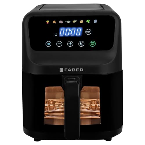 Faber 6L 1500W Digital Air Fryer | Fry, Bake, Roast | 85% Less Oil, 200°C Swirl Heating Technology |8-Preset Menu|View Window|Touch Control Interface| Auto Shut-Off |2 Yrs Comprehensive warranty|Black