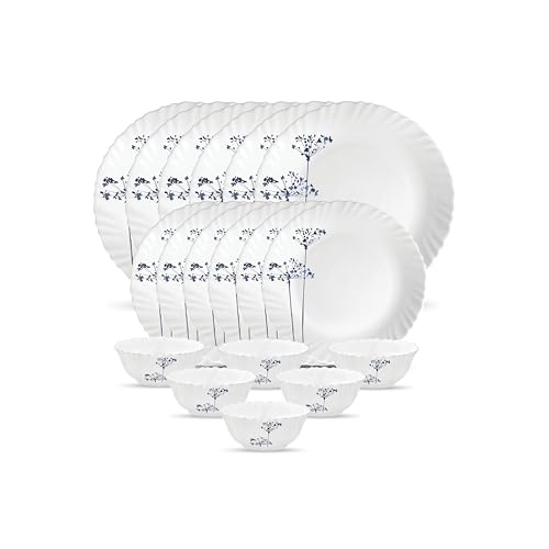 La Opala Novo Collection Opal Glass Crockery | for Family of 6 | Dinner Set 18 pcs Aqua Spray | Plates & Bowls for Dining | Microwave Safe | 100% Vegetarian | Extra Strong | Light & White