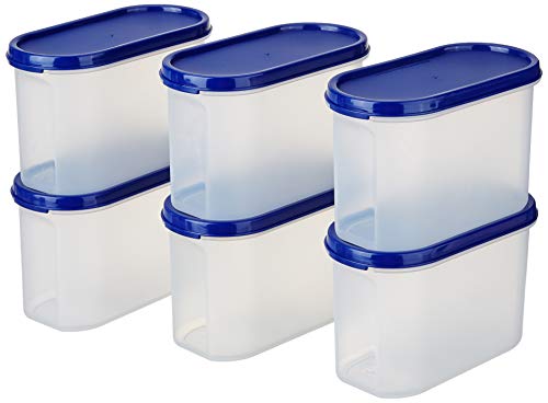 Amazon Brand – Solimo Modular Plastic Storage Container With Airtight Lid | BPA-Free Plastic | Microwave Safe | Dishwasher Safe | 1.2 Litres | Set of 6 (Blue)