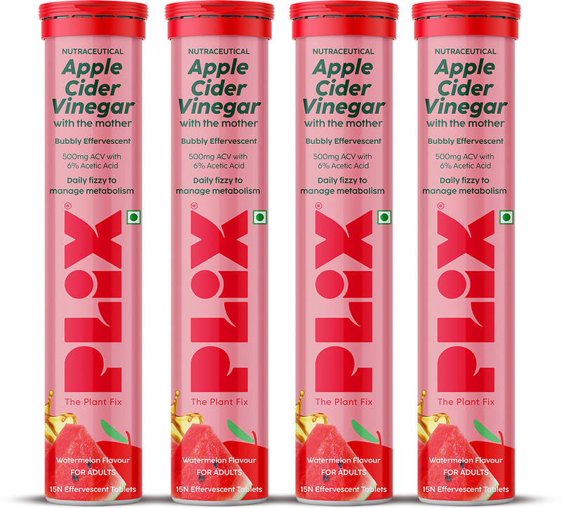 The Plant Fix Plix Apple Cider Vinegar 15 Effervescent Tablets Watermelon Flavour with Vitamin B12(4 x 15 No)