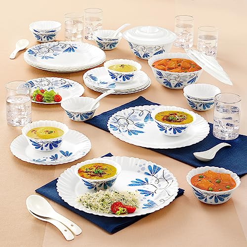 Larah By Borosil Twilight Silk Series Opalware Dinner Set with Glasses, 40 Pieces for Family of 6, Microwave & Dishwasher Safe, Bone-Ash Free, Crockery Set for Dining & Gifting, Plates & Bowls, White