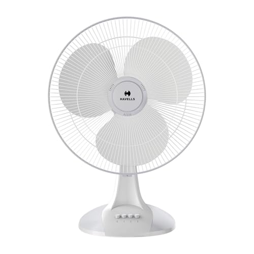 Havells Sameera 400mm Table Fan | Jerk free oscillation, 120 ribs guard, 3 Speed Settings, 1360 RPM Powerful Motor | Aerodynamically designed & balanced PP blades, 2 Year Warranty | (Pack of 1, White)
