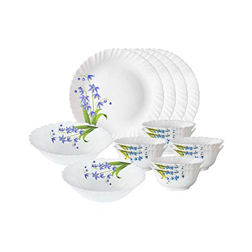 Larah by Borosil Fluted Series Lavender Opalware Dinner Set | 14 Piece for Family of 4 | Microwave & Dishwasher Safe | Bone-Ash Free | Crockery Set for Dining & Gifting | Plates & Bowls | White
