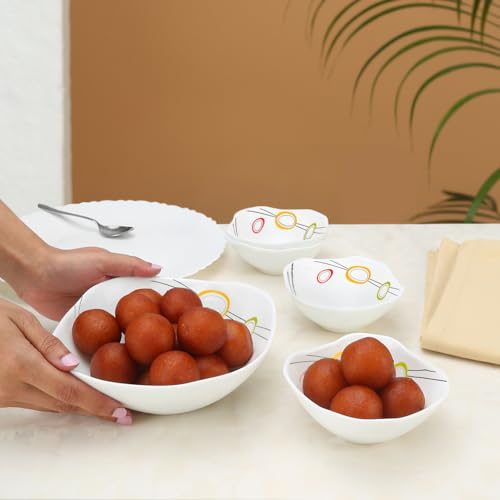 Larah by Borosil Splendour Square Series Opalware 5 Pcs Pudding Set | Microwave & Dishwasher Safe | Bone-Ash Free | Crockery Set for Dining & Gifting | Bowls Set | White