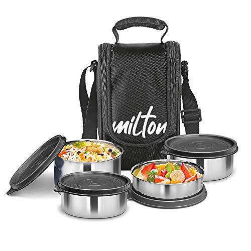 MILTON Tasty 4 Lunch Box with Insulated Fabric Bag, 4 Stainless Steel Containers (200 ml, 2 x 320ml Each, 500 ml), Leak-Proof Tiffin for Office, College, Picnic, Black