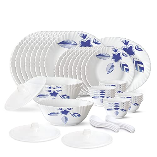 Larah by Borosil Morning Glory Silk Series Opalware Dinner Set | 47 Pieces for Family of 8 | Microwave & Dishwasher Safe | Bone-Ash Free | Crockery Set for Dining & Gifting | Plates & Bowls | White