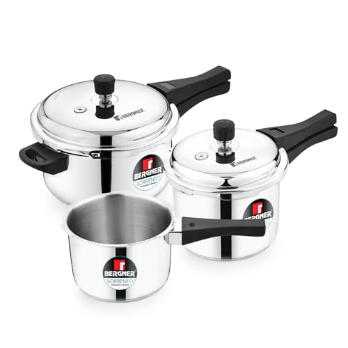 Bergner Sorrento Stainless Steel Outer Lid Pressure Cooker Set of 5L Cooker, 2L and 3L Cooker with Common Lid, Triply Base, Heavy Bottom, Easy Open and Close, Healthy Cooking – Induction Bottom