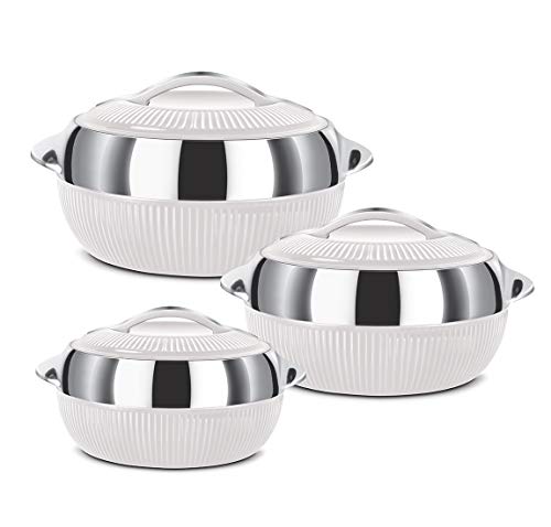 MILTON Fiesta Jr. Casserole Set of 3 (450ml, 830ml, 1370ml) | Inner Stainless Steel | BPA-Free, Food Grade | Keeps Food Hot & Cold | Dishwasher Safe | White | Ideal for Serving