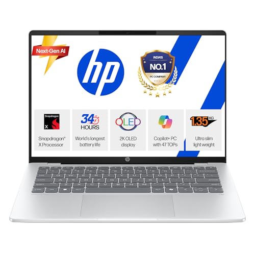 HP OmniBook 5 OLED (Previously Pavilion), Snapdragon X Processor (16GB LPDDR5x, 512GB SSD) 2K, 14”/35.6cm, Win11, M365 Basic(1yr)* Office24, Silver, 1.35kg, he0014QU, Light-Weight, Next-Gen AI Laptop