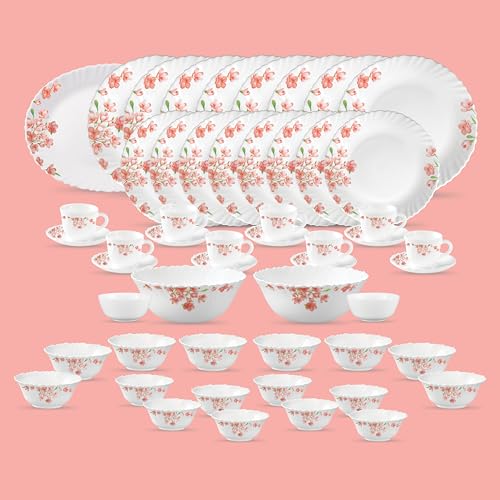 La Opala Diva Classique Collection Opal Glass Crockery | for Family of 8 | Dinner Set 53 pcs Aster Pink | Plates, Bowls & Cups for Dining | Microwave Safe | 100% Vegetarian | Extra Strong | White