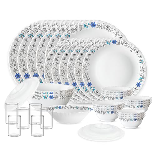 Larah by Borosil Silk Series Blue Iris Opalware Dinner Set with Vision Glass | 35pcs for Family of 6 | Microwave & Dishwasher Safe | Bone-Ash Free | Crockery for Dining & Gifting | White, Plate & Bowl