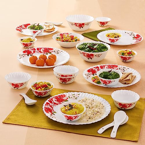 Larah by Borosil Rose Red Silk Series Opalware Dinner Set | 27 Pieces for Family of 6 | Microwave & Dishwasher Safe | Bone-Ash Free | Crockery Set for Dining & Gifting | Plates & Bowls | White