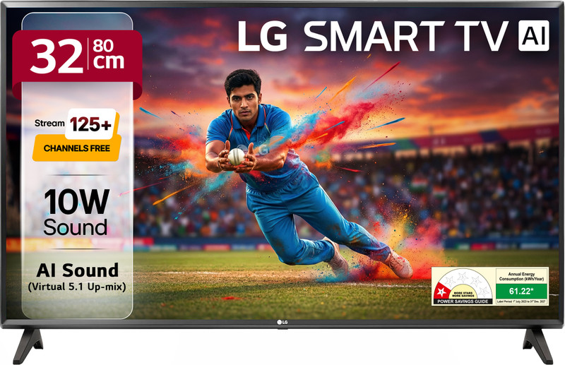 LG LR570 80 cm (32 inch) HD Ready LED Smart WebOS TV with Alpha5 Gen 6 AI Processor 125+ Free LG Channels AI Brightness Control AI Sound (Virtual Surround 5.1 Up-mix) FTA Satellite Port Magic Remote Compatible 60Hz Refresh Rate Alexa Built In Works with Hey Google(32LR570B6LA)