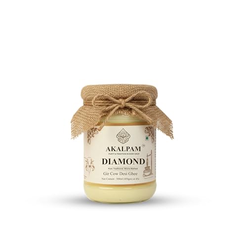 Akalpam Ghee Pure A2 Gir Cow Ghee (500ML) | Traditional Bilona Method | Grass-Fed Desi Cow Ghee | Healthy & Natural | Glass Bottle (450 Gram)