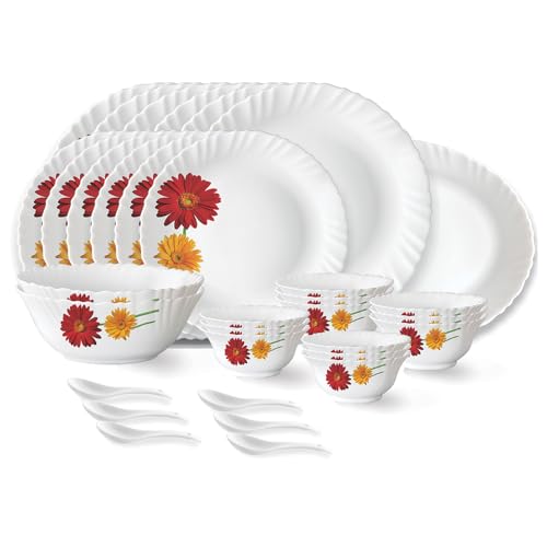 Larah by Borosil Zinnia Fluted Series Opalware Dinner Set | 33 Pieces for Family of 6 | Microwave & Dishwasher Safe | Bone-Ash Free | Crockery Set for Dining & Gifting | Plates & Bowls | White