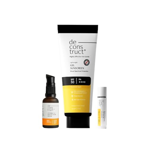 Deconstruct Daily Brightening Shield Trio: Gel sunscreen (50g) + Vitamin C Serum (30ml) + Brightening Lip Balm (4g) No White Cast, Lightweight & Higher protection with sunscreen SPF 50 | Vitamin C Serum for Oily Skin (Pack of 3)