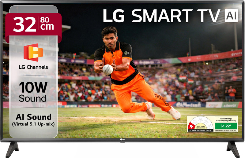 LG LR570 80 cm (32 inch) HD Ready LED Smart WebOS TV with Alpha5 Gen 6 AI Processor 125+ Free LG Channels AI Brightness Control AI Sound (Virtual Surround 5.1 Up-mix) FTA Satellite Port Magic Remote Compatible 60Hz Refresh Rate Alexa Built In Works with Hey Google(32LR570B6LA)
