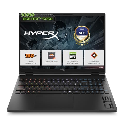 HP HyperX OMEN 15, AMD Ryzen 7 260, 8GB-RTX 5050, 24GB DDR5 (Upgradeable), 1TB SSD, 180Hz, 2.5K, 500 nits, 3ms resp time, 15.3”/38.9cm, Win11, Office24, Black, 2.42kg, gb0038AX, RGB, AI Gaming Laptop