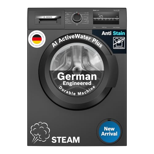 Bosch 8 kg 5 Star Front Load Fully-Automatic Washing Machine, AI ActiveWater,15 Wash Programs, Removes 99.9% Germs with Steam, No Tangle or Wrinkle, Zero Vibration, Black/Grey, WAJ2826CIN