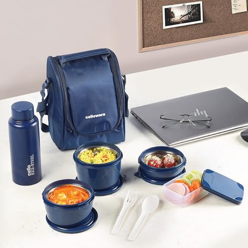 CELLO MF All in One Lunch Box with Jacket For Office Blue | 3 Microwave Safe Containers (550ml, 375ml, 225ml), 1x175ml Pickle Box & Steel Bottle 275ml | Leakrpoof Airtight Tiffin Box Set For Daily Use