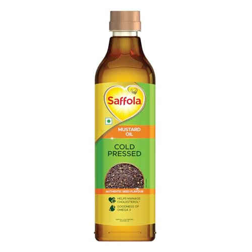 Saffola Cold Pressed Mustard Oil | 100% Cold Pressed Mustard Seed Oil | Kachi ghani Mustard Oil, 0 trans fat, Unrefined, Chemical free | Helps Manage Cholesterol, Goodness of Omega 3 with Authentic Seed Flavour | 1L Pet Bottle