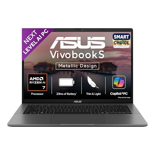 ASUS Vivobook S14,Smartchoice,AMD Ryzen AI 7 350,16GB RAM,1TB SSD,OLED,14″,Windows 11, Office24,M365 Basic (1Yr)*, Matte Gray,1.4Kg, M3407KA-SF049WS,50 Tops,Metallic Design,Next-Gen AI Laptop,Copilot+